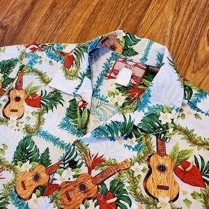 Vintage Hawaiian Shirt Men Large Tropical Aloha Camp Ukulele Beach